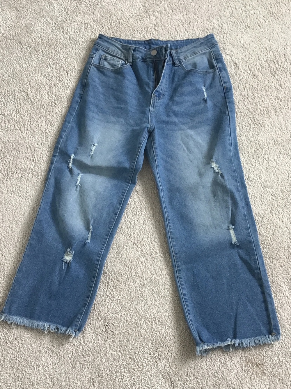 Distressed Straight Leg Blue Jeans